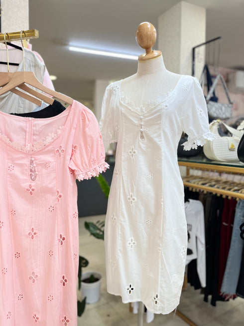 Women Spring Round Neck Hollow Embroidered Lace Dress